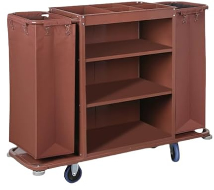 Heavy Duty Commercial Rolling Cleaning Cart with Universal Wheels Metal Linen Service Trolley Multi-Compartment Storage for Housekeeping Tools and Supplies