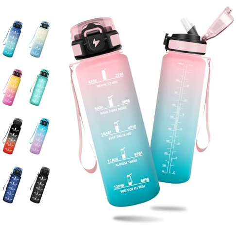 JAPORIA Borraccia Sportiva 1L, Borraccia con Cannuccia, Bottiglia Acqua Motivazionale con Scala Temporale, Antigoccia, Facile da Trasportare, Bottiglia per Ufficio, Corsa, Scuola, Campeggio, Viaggio