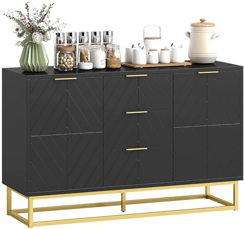 HOMCOM Sideboard for Living Room, Modern Geometric Pattern Storage Cabinet with 3 Drawers, Adjustable Shelves and Gold Metal Base, Freestanding Cupboard for Dining Room, Kitchen, Hallway, Black