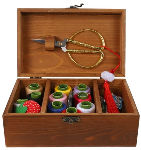Cabilock Set da Cucito Vintage Scatola per Ricamo in Legno Massello, Kit da Cucito Multifunzione Accessori Base, per Principianti, Viaggiatori e Amanti del Fai da Te