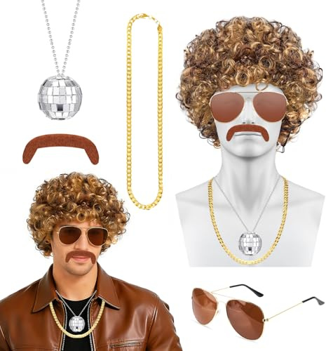 Afro Perücke Herren, 80er 90er Jahre Outfit Herrens Mit Wigs, Sonnenbrille, Disco-Kette, Bart, Rocker Perücke für Karneval Kostüm, Faschingskostüme Herren (Braun)