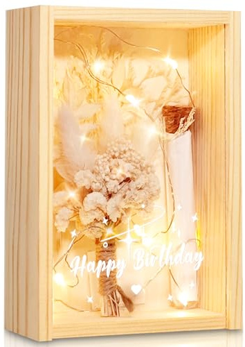HuaMuDM Happy Birthday Geschenkbox,Geldgeschenk Geburtstag | inklusive Getrocknete Blumen,Holzbox,Kunststoff Reagenzglas,Lichterketten,Erinnerungsstück aus Holz