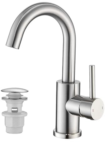 ZYNUHMO Rubinetto da bagno alto con scarico, girevole a 360°, miscelatore monocomando, in acciaio inox spazzolato