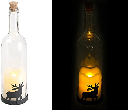 Lunartec Flaschendeko mit Licht: Deko-Glasflasche mit LED-Kerze, bewegliche Flamme, Timer, Elch-Motiv (Glasflasche mit LED Licht, Kerzenlicht, Gläser)