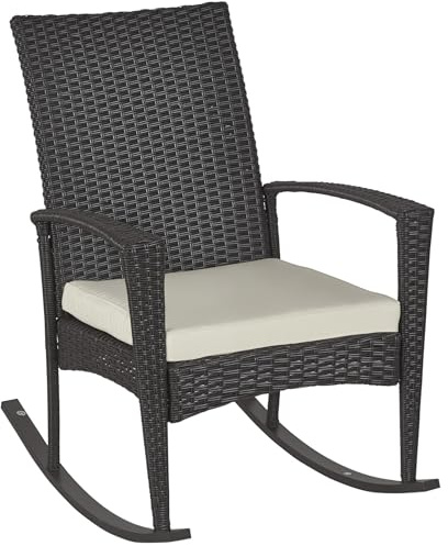Outsunny Schaukelstuhl Schwingsessel Gartenstuhl mit Kissen, Polyrattan+Metall, Schwarz+Creme, 66 x 88 x 98 cm