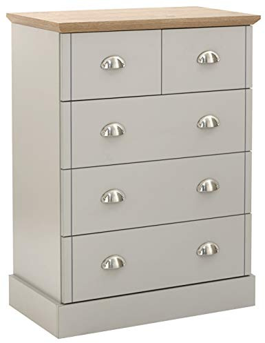 GFW Kendal 2+3 Drawer Chest of Drawers, Light Grey and Oak Effect Bedroom Storage Unit, Country Style Chest with 5 Drawers