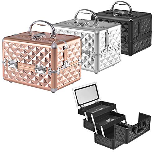 RELAX4LIFE Kosmetikkoffer, Schminkkoffer mit Spiegel, Kosmetikkasten tragbar für Reise, Beauty Case 3 Fächer, Make up Box für Lippenstifte & Nagellack & Schmuck, Friseurkoffer klappbar (Schwarz)