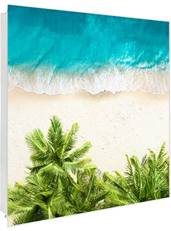 banjado Großer Schlüsselkasten Glas - Schlüsselbox 30x30cm mit 50 Haken - Schlüsselkasten modern für Schlüsselaufbewahrung mit beschreibbarer, magnetischer Glastür - Motiv Strandtag