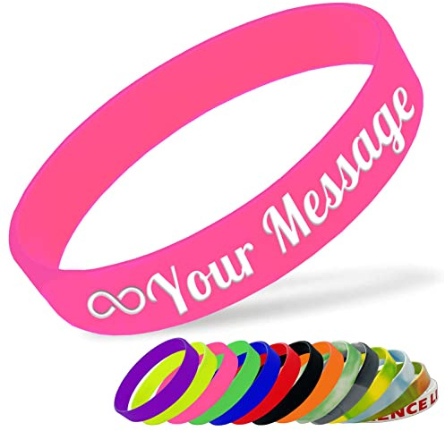 Custom Silicone Wristbands Adults Kids Personalised Rubber Bracelets Customised Wrist Bands for Events Fundraising Festival,180mm Length,Pink