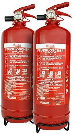 notlok Safety Work - 2X Pulver ABC Feuerlöscher 2kg | Dauerdruck mit Manometer | mit Feuerlöscher Halterung | Feuerlöscher Haushalt ideal für Küche Aber auch für Auto