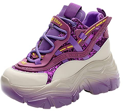 ANUFER Dam plattform tjocka träningsskor skor glänsande paljetter mode kilklack sneakers, Lila, 35.5 EU