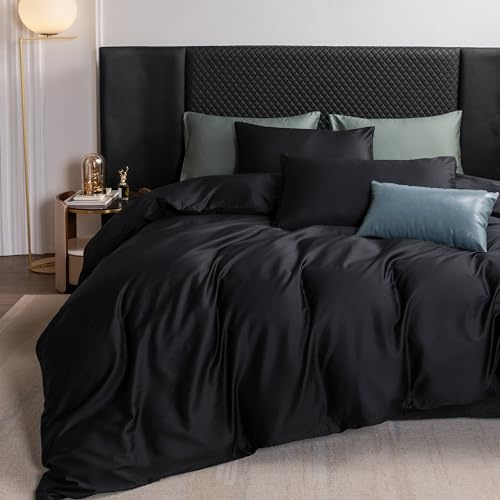 MooMee Duvet Cover Set, 100% Extra Long Staple Cotton 600 Thread Count Sateen Smooth Luxury Breathable Hotel Quality Cooling Bedding for All Season, 3 Pieces (Black, King 104x90)