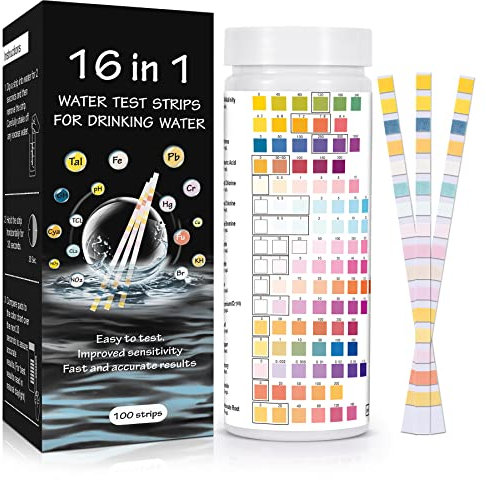 GOENN 16-in-1-Wassertest-Kits for Trinkwasser, 100 Stück Trinkwasser-Teststreifen for Trinkwasserhahn, Brunnenwasser-Qualitätsprüfung for Blei, Härte, PH, Chlor, Nitrat, Eisen, Kupfer und mehr