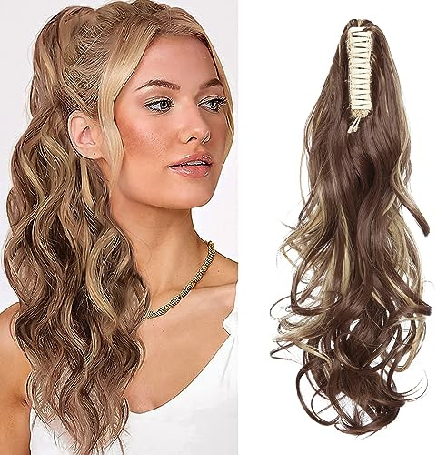 TESS Pferdeschwanz Clip Extensions, 45 cm Gewellt Pferdeschwanz Haarteil Mittelbraun gemischt mit Dunkelblond Haarverlängerungen für Zopf Synthetische für Frauen