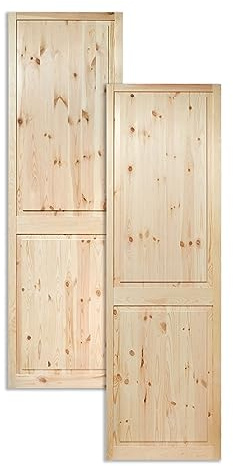 Kassettentür Schranktür Holz RUSTIKAL | 201,3 x 59,4 cm 2-er Pack Set | unbehandelte Holztür aus Kiefernholz im Kolonialstil und Markflecken als Raumteiler Schiebetür für Regale, Schränke, Möbel