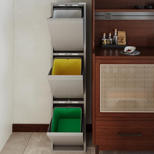 VEEHAUS Küchen Mülltrennsystem, Metall Müllschrank, 3 Klappfächer 3 x 15 L