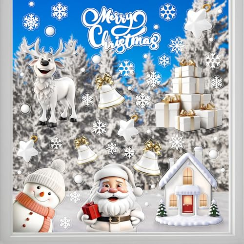 Alintor Fensterbilder Weihnachten, Weihnachtsdeko Innen, PVC Weihnachtsdeko Fenster, Fensterdeko Weihnachten Wiederverwendbar mit Häuser, Schneeflocken, Weihnachten deko (Weihnachten-3D)