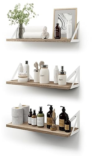 CASSA TOKO Wandmontierte schwebende Bücherregale für die Wand, 3er-Set, Regal Bücherregal für Schlafzimmer Wohnzimmer Büro Badezimmer Küche Rustikales Holz mit Metallhalterung (Naturweiß)