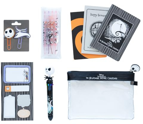 Grupo Erik Disney The Nightmare Before Christmas Schreibwaren 3 A6 | Notizbücher - Kugelschreiber 10 Farben - Federmäppchen Groß - Büroklammern - 4 Textmarker