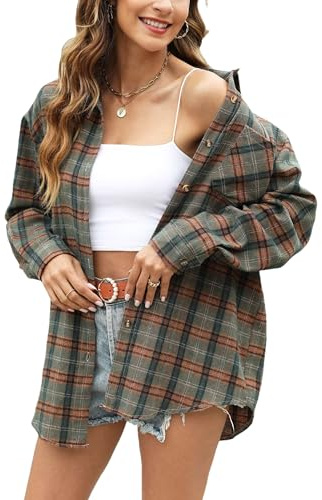 Lumister Oversized Flannel Shirt Women Long Sleeve Plaid Button Buffalo Shirt Blouse Tops with One Pocket(0405-ForestGreen-S)