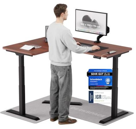DESKSPACE Corner Eckschreibtisch höhenverstellbar (elektrisch) | Kollisionsschutz und Memory-Funktion, 10 Jahre Gewährleistung, (Schwarzes Gestell, Mahagoni Tischplatte, 160 x 130 x 70 cm)