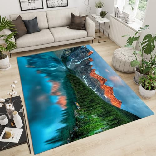 QDJKBL Teppich für natürliche Landschaftslandschaften, 3D-Teppich für schneebedeckte Berge grünen Wald See, Langer Teppich mit Nicht verblassendem Muster und klarem Muster geeignet für Wohnzimmer