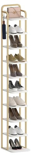 Hzuaneri Vertikales Schuhregal, 10-Stöckig, Platzsparend, Weiß Gold | Schuhturm für Kleine Räume, Freistehend, Verstellbar, SR11213A