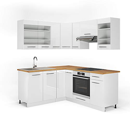 Vicco Eckküche Fame-Line, Weiß Hochglanz/Weiß, 190 x 160 cm | 10 Module · Höhenverstellbare Füße · AP Eiche inkl. · MDF-Fronten · Softclose · Metallgriffe
