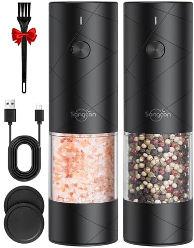 Sangcon Juego de molinillo de sal y pimienta eléctrico recargable por USB, Molinillo de sal y pimienta automático de gran capacidad operación con una sola mano 6 tamaños de grano ajustables(Negro)