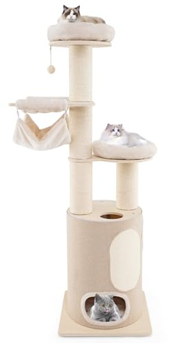 COSTWAY Árbol para Gatos de Altura 187 cm, Rascador para Gatos de Madera con 2 Plataformas, 1 Cueva, 1 Hamaca, Postes Rascadores de Sisal y Cojines Lavables, Torre para Gatos, Natural