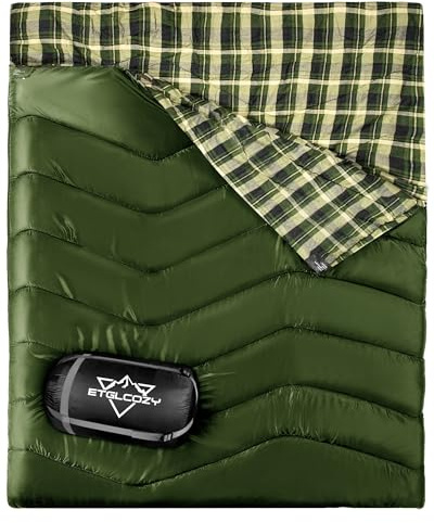 ETGLCOZY XL Queen Size 2 Person Double Sleeping Bag for Adults, Lightweight Compact with Flannel Liner & Thermolock Draft Tube, Machine Washable All Season Camping Travel(Green)