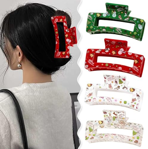 Weihnachten Haarspangen, 4pcs Weihnachten Haarschmuck für Frauen, Haarschmuck Weihnachten Mit Schneemann Aufdruck, Rechteck Große Haarklammer, Weihnachts Haarklammer für Feste