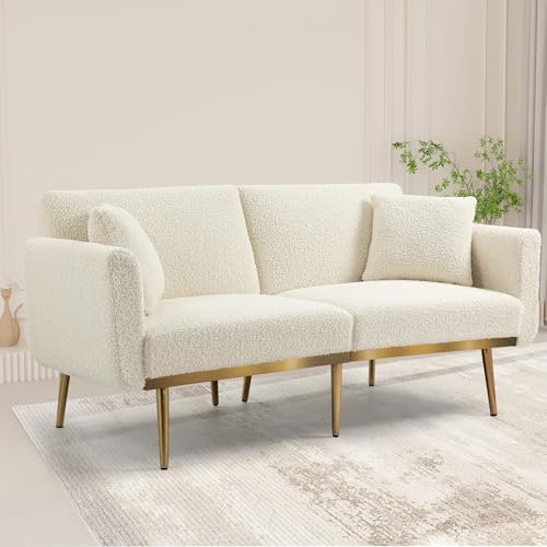 HAINEW Klappbares Schlafsofa mit Schlaffunktion, Moderner 3-Sitzer Couch Sofa Klappsofa Bettcouch Gästebett mit Kissen und Goldene Metallbeine für Wohnzimmer Schlafzimmer (Weiß + Teddysamt)