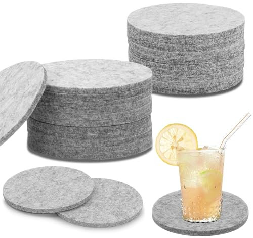 LAINIKE Juego de 30 posavasos de fieltro redondos, posavasos de fieltro, posavasos lavables, antideslizantes, resistentes al calor, posavasos para tazas, mesa, bar, bebidas (gris)