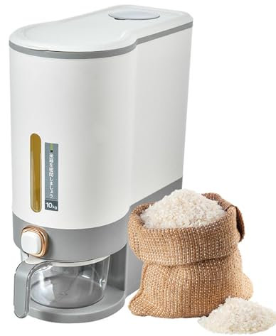 Müsli-ris-förvaringsbehållare – förvaring av ris müsli-dispenser, 5 kg 10 kg presstyp müsli-dispenserhink | skafferi-rivdispenser med mätkopp, köksförvaring för arbete