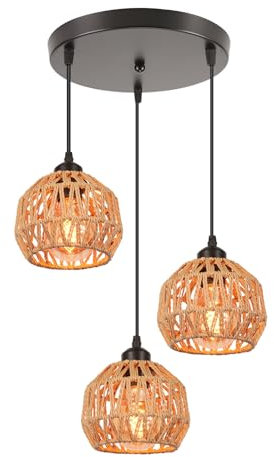 LIGKIN 3 Lampes Suspension Industriel Lustre Vintage Abat-jour en Métal et Rotin Luminaire Plafonnier Rétro E27 Lampe Suspendue pour Restaurant Salon Chambre
