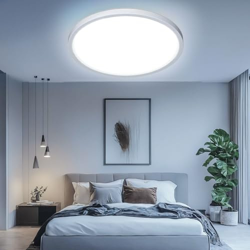 Kuwork LED Deckenleuchte Flach Rund, 40CM Deckenlampe LED 6500K, Badezimmer lampe für Schlafzimmer Büro Wohnzimmer Küche Keller Balkon, 48W, Weiß