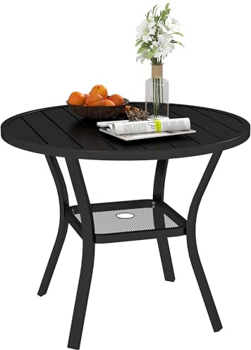 Outsunny 90 cm Garden Dining Table with 4-5 cm Parasol Hole, Round Outdoor Dining Table, Steel Garden Table with Slatted Metal Top and Wire Shelf for Balcony, Porch, Black
