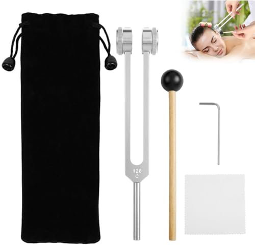 Weighted Tuning Fork, 128 Hz Body Weighted Tuning Forks, Aluminium Alloy Tuning Fork With a Silicone Hammer a Repair Tool and a Velvet Pouch With Cleaning Cloth