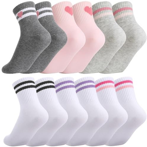 Utensilsto 6 paia di calzini da bambina 25-28, 29-33, 33-36, calzini da tennis, calzini sportivi in cotone, con strisce retrò, a forma di cuore, calzini per bambini per ragazze e ragazzi, bianco, nero