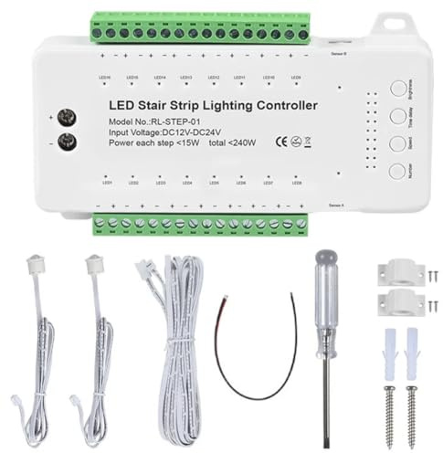Hopbucan 16 Canaux LED Escalier Lumière Escalier Contrôleur 2 PIR pour Intérieur Flexible LED COB Bande Lumineuse Sans Télécommande