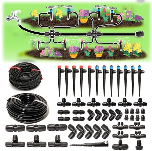 Kit de système d'irrigation goutte à goutte de 100 pieds avec tuyau d'arrosage de 1/4 5/16, raccords verrouillables, micro-pulvérisateur goutte à goutte à 360 degrés, équipement d'irrigation