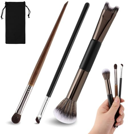 Lot de 3 pinceaux de contour du nez, 2 en 1 en forme de U et duveteux, pinceaux de maquillage inclinés, pinceaux de fard à paupières pour sculpter et définir le contour du nez