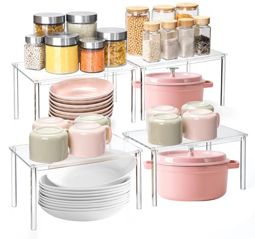 WJMY 4 stycken köksorganisatörhylla, transparent köksskåp arrangör, kökshylla bänkskiva, kryddhylla, mugghållare, utbyggbar, stapelbar, för köksbänkskivor