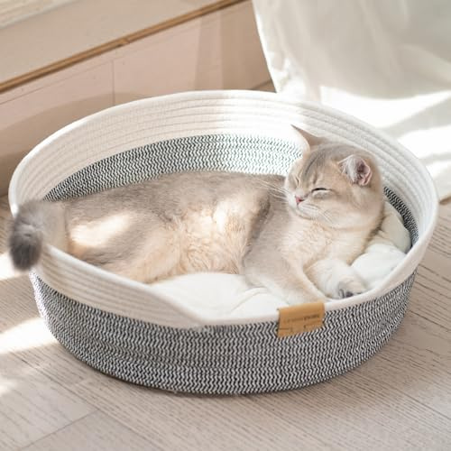 CHEERHOME PETS Handwoven Cat Basket Bed Cooling for Indoor Cat with Cushion | Cotton Rope Pet Couch All-Season, Instinct Scratcher Bed Soft Breathable, Washable Machine, Suitable for Cat and Puppy(Gray)