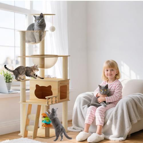 PETCUTE Torre de Gato Grande de Madera, Árbol para Gatos de 150cm con Poste Rascador,Escalera,Plataforma de Observación,Perchas y Nido de Cápsulas, Juguete,para Gatos de Interior