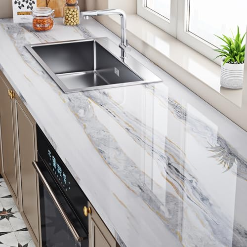 ReWallpaper Vinilo Adhesivo Muebles Efecto Marmol Dorado Brillante Papel De Pared Decorativo Marmol Blanco Gris 40CMx3M Lavable Vinilos Adhesivos Mármol para Encimera Cocina Puertas Armario