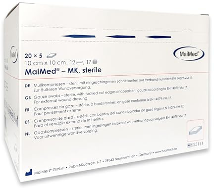 Sterile Kompressen 10x10 cm – 100 Stück Mullkompressen 12-lagig, fusselfrei – Mulltupfer steril & Wundauflagen nicht haftend für Verband & Pflege