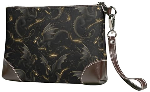 Petit sac à main pour femme – Portefeuille portable en cuir avec dragonne et dragonne, noir et doré