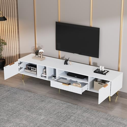 CelticHearth Soporte para TV de 180 x 40 x 41 cm, color blanco, tablero de partículas, para televisores de hasta 80 pulgadas, con cajón y puertas, asas doradas